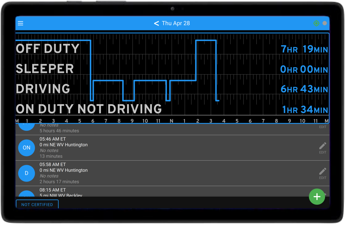 Drivers logbook shown on a tablet